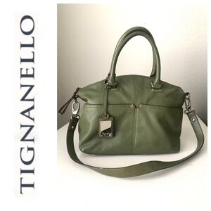 Tignanello Olive Green Leather Satchel Handbag Purse